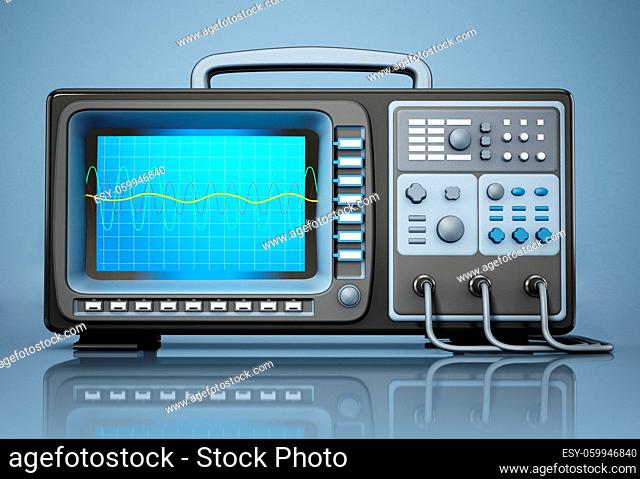 Oscilloscope standing on blue background. 3D illustration