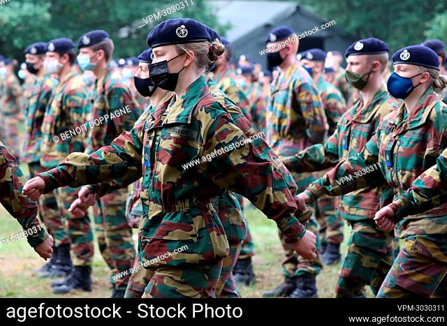 Crown Princess Elisabeth (C) and her fellow students pictured at a tactical military exercice of the Royal Military Academy at the Lagland camp in Arlon on...