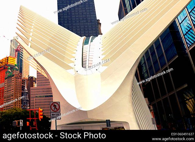 New York, USA - September 2, 2018: The World Trade Center Transportation Hub in downtown Manhattan - referred to as The Oculus - replaced the previous station...