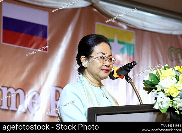 MYANMAR, YANGON - OCTOBER 30, 2023: Myanmar's Union Minister for Hotels and Tourism Thet Thet Khine attends a B2B meeting for travel companies of Russia and...
