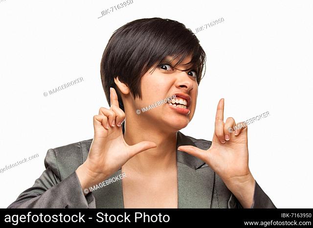 Goofy biracial girl framing her face with her hands isolated against white background