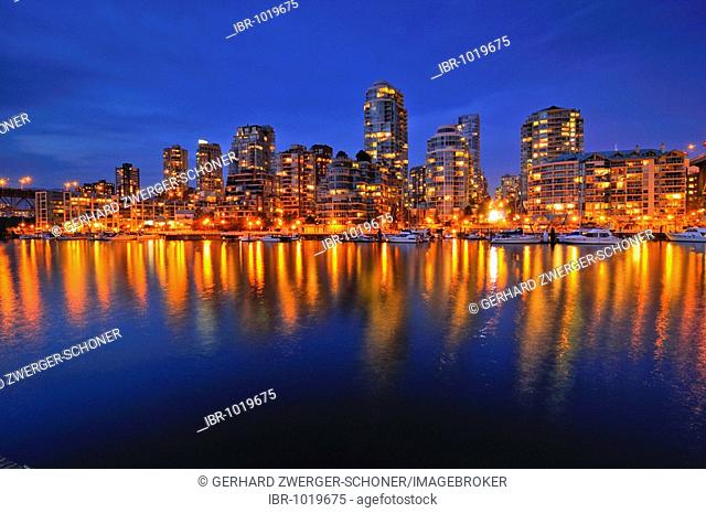 Skyline of Vancouver Down town, evening light, False Creek, British Columbia, Canada, North America