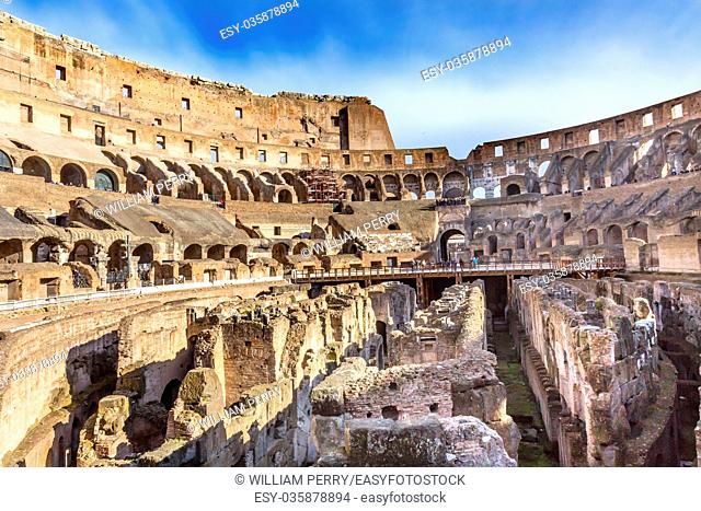 Colosseum Rome Italy. Built by Emperors Vespasian and Titus in 80 AD with sand and concrete largest amphitheater every built. Symbol Imperial Rome