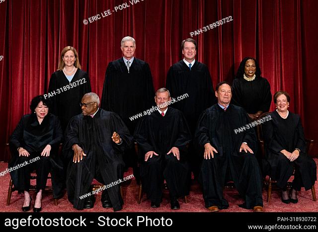 Justices of the United States Supreme Court during a formal group photograph at the Supreme Court in Washington, DC, US, on Friday, Oct. 7, 2022