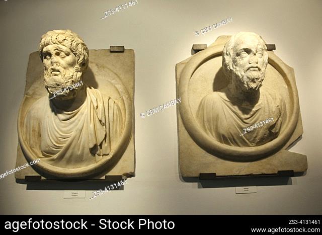 Late Roman Marble Shield Portraits of Pythagoras, Samian Philosopher, mathematician and mystic and Sokrates, Athenian Philosopher in Aphrodisias Ancient City...