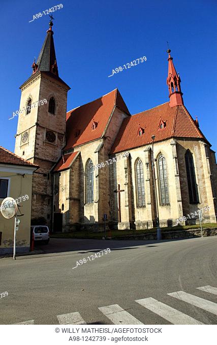 Maria-Magdalena church in the village of Chvalsiny, German Kalsching, a village in Okres Cesky Krumlov, Sumava, Bohemia, Czech Republic, Europe