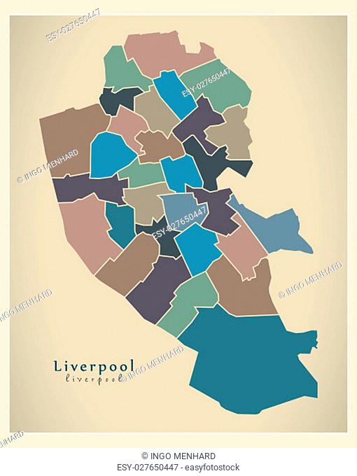 Modern City Map - Liverpool with coloured boroughs illustration