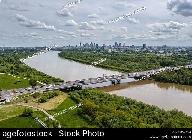 Aerial view of General Stefan Grot Rowecki Bridge over the Vistula River in Warsaw, Poland