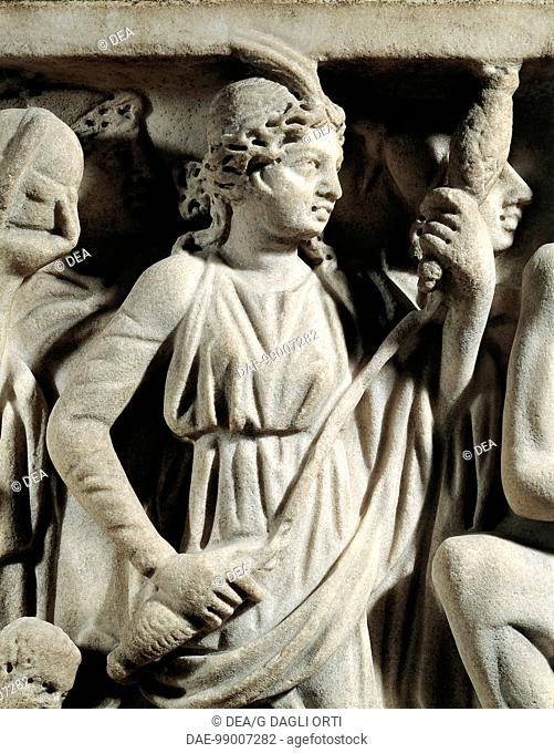 Roman civilization, 4th century. Marble sarcophagus. Relief depicting Prometheus myth. From Arles. Detail: one of the Parcae or Fates spinning the thread