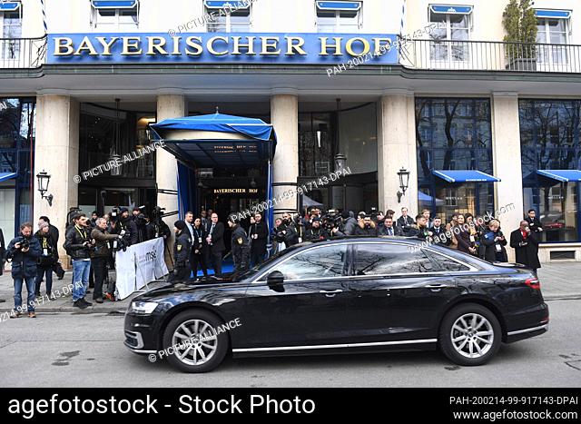 14 February 2020, Bavaria, Munich: A car stops in front of the Bayerischer Hof during the Munich Security Conference. Photo: Felix Hörhager/dpa
