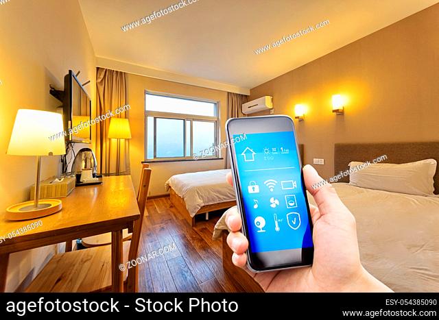 smart phone with smart home and modern bedroom
