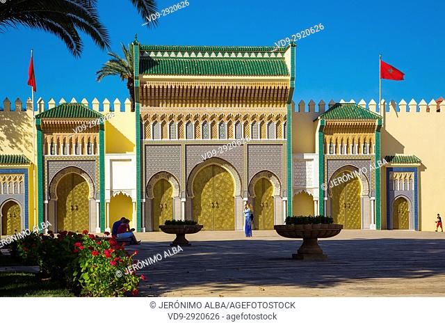 Dar El Makhzen Royal Palace from Place des Alaouites with brass doors, modern city of Fez, Fes el Bali. Morocco, Maghreb North Africa