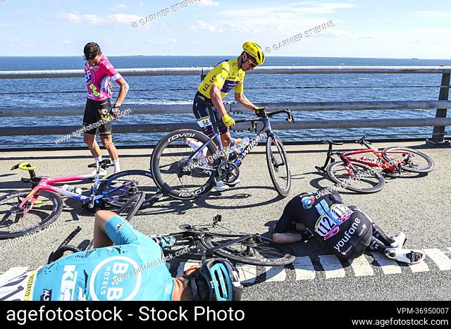 Belgian Yves Lampaert of Quick-Step Alpha Vinyl pictured after a fall during the second stage of the Tour de France cycling race, a 202