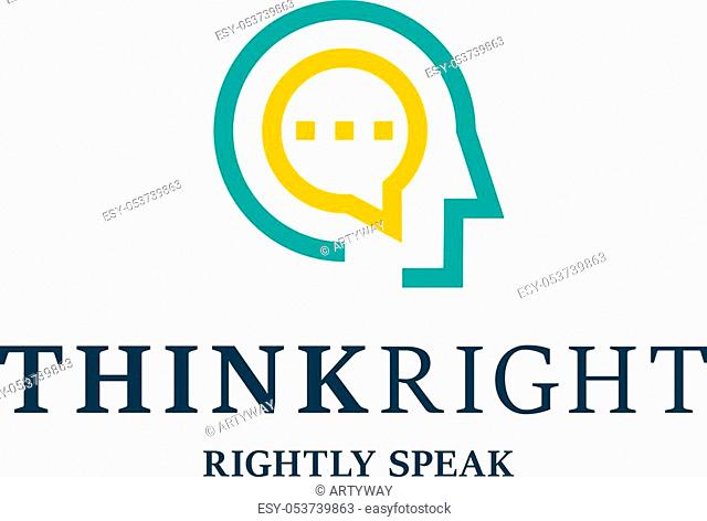 Discussion Club vector unusual logo. People head linear style think right slogan illustration