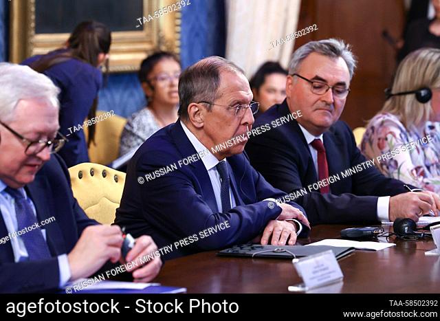 VENEZUELA, CARACAS - APRIL 18, 2023: Russia's Minister of Foreign Affairs Sergei Lavrov (C) is seen during a meeting with Venezuela's Minister of Foreign...