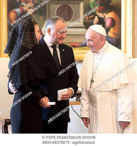 Pope Francis (Jorge Mario Bergoglio) meeting Moldovan President Igor Dodon and his wife in the Private Library of the Apostolic Palace