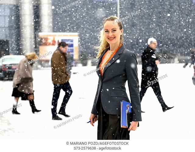 Business woman down Moscow snow, Russia