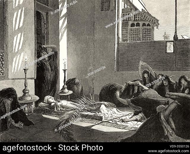 Mourners crying at a funeral at Cairo, Ancient Egypt. Old 19th century engraved illustration, El Mundo Ilustrado 1880