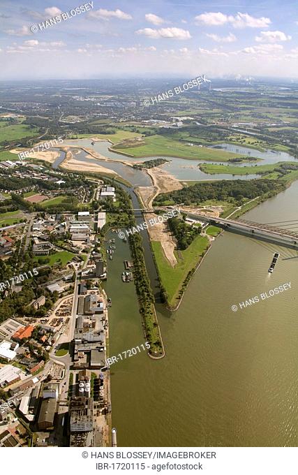 Aerial view, Lippe river, estuary, renovation, river bend, Port Wesel, Rhine river and bridge, Ruhrgebiet region, Niederrhein, North Rhine-Westphalia, Germany