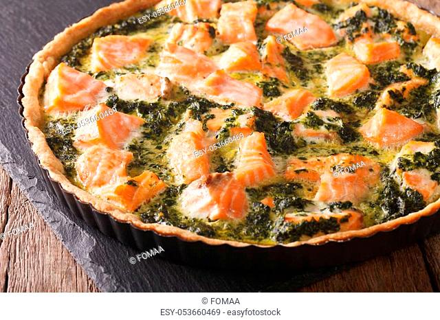 pie with salmon, cream and spinach in baking dish close up on a table. horizontal