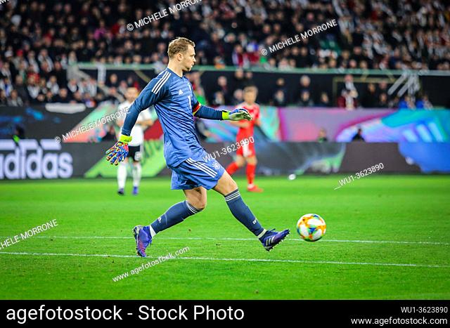 Wolfsburg, Germany, March 20, 2019: German goalkeeper Manuel Neuer kicks the ball during the international friendly game between Germany and Serbia at...
