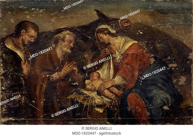 The Shepherds Adoring, by unknowkn venetian artist, 1600 - 1620, 17th century, oil on canvas. Italy, Lombardy, Milan, Castello Sforzesco