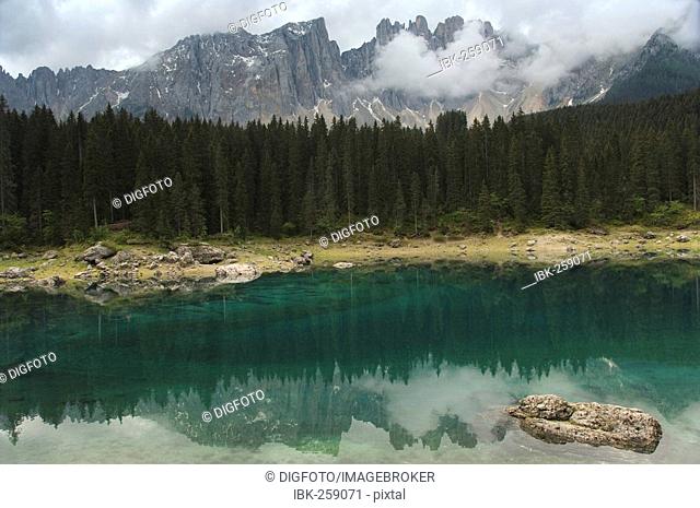 Lago di Carezza, in front of Latemar massif, Dolomites, Dolomite Alps, South Tyrol, Italy
