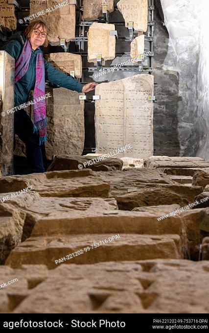 02 December 2022, Thuringia, Erfurt: Archaeologist and current Unesco representative Dr. Karin Sczech shows medieval Jewish gravestones from Erfurt found during...