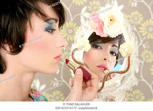 retro woman mirror lipstick makeup tacky