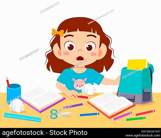 happy cute little kid girl with messy desk