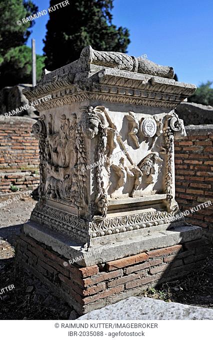 Relief on the sacred altar of Romulus and Remus, Sacello dell 'Ara Tues Romolo e Remo, Ostia Antica archaeological site, ancient port city of Rome, Lazio, Italy