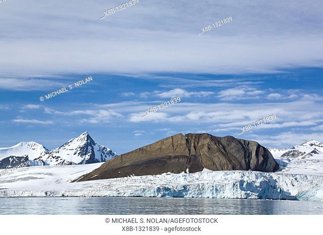 A view of the tidewater glacier in Isbukta Ice Bay on the western side of Spitsbergen Island in the Svalbard Archipelago, Barents Sea