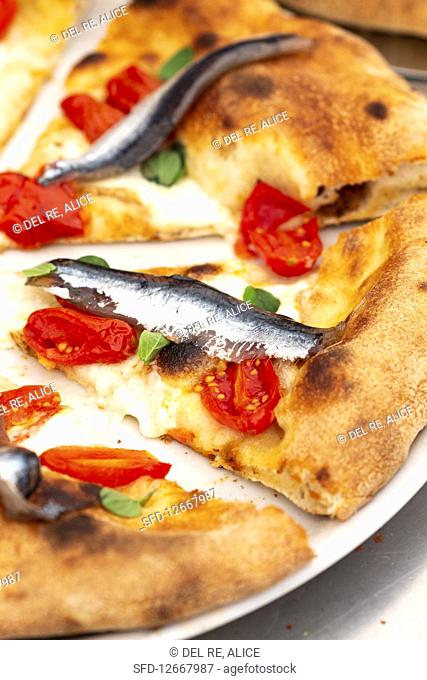 Tomatoes and anchovies pizza (detail)