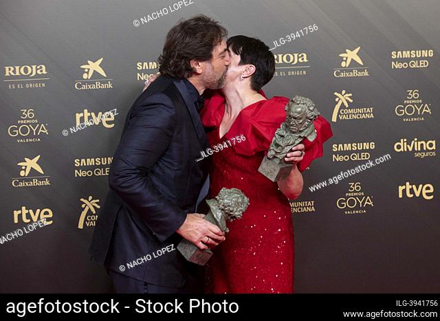 Javier Bardem and Blanca Portillo attends to Goya Cinema Awards 2022 red carpet at Palau de les Arts photocall on February 13, 2022 in Valencia, Spain