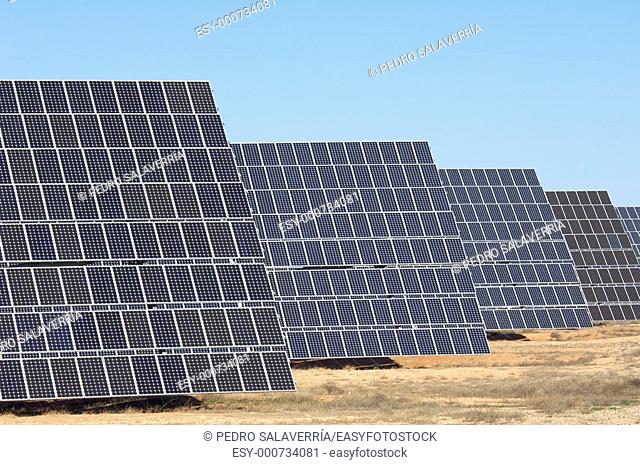 giant solar panels with clear blue sky in Belchite, Saragossa, Aragon, Spain