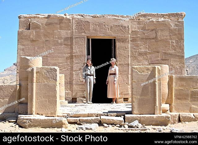 Queen Mathilde of Belgium and Crown Princess Elisabeth visit the temple of Amenhotep III on the archeological site of El Kab