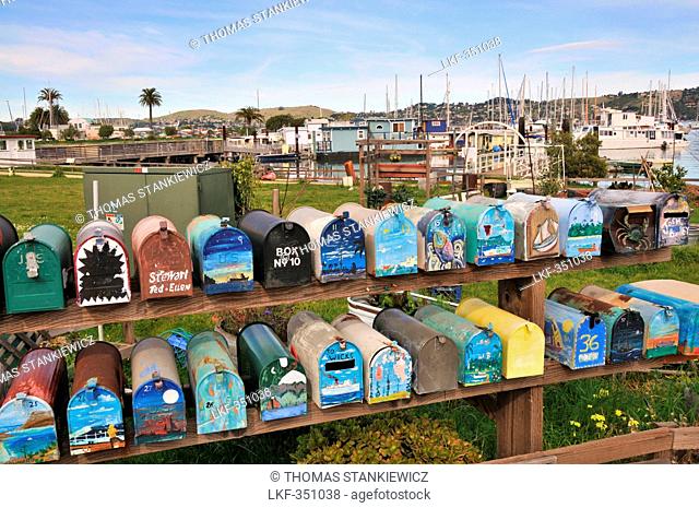 Letterboxes of houseboats in Sausalito near San Francisco, California, USA, America