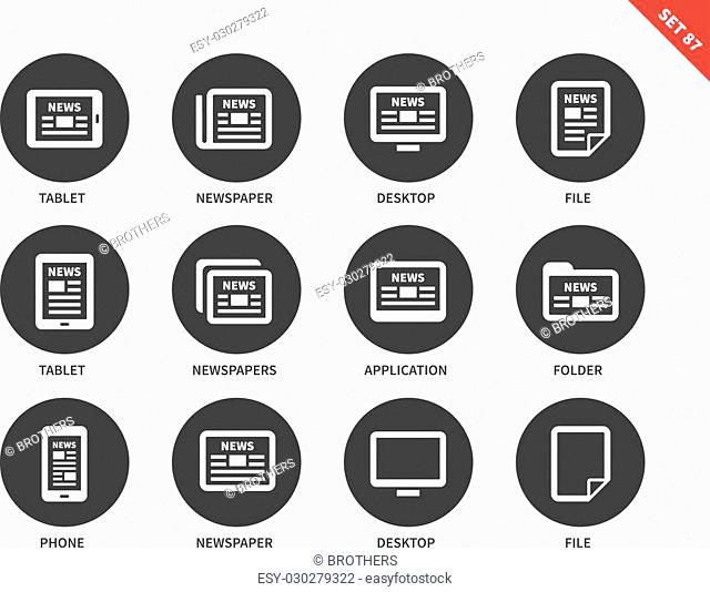 Newspaper vector icons set. Printed media and modern technology concep. Icons for banners and advertising, news on tablet, phone, computer, file and folder