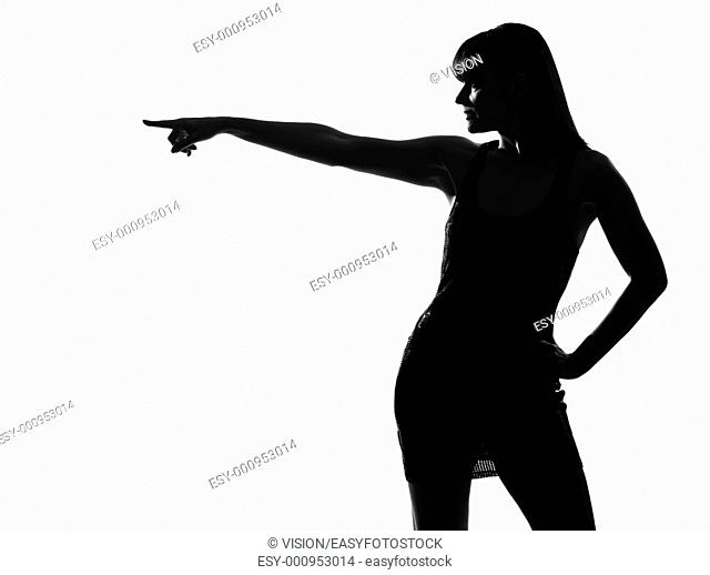 stylish sexy silhouette caucasian beautiful woman profile poiinting on studio isolated white background