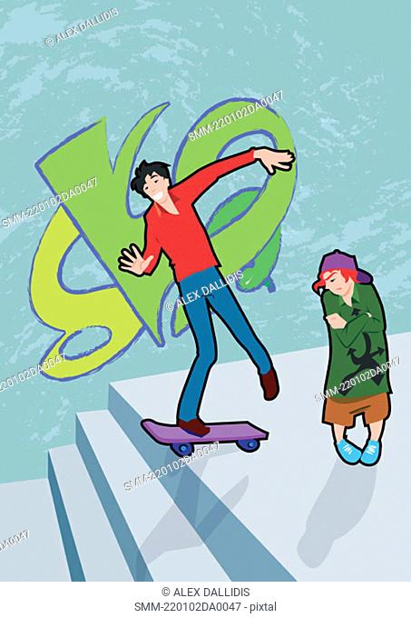 Teenager skating in front of jealous boy