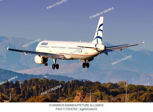 Corfu, Greece – 14. September 2017: Aegean Airlines Airbus A321 at Corfu airport (CFU) in Greece. | usage worldwide. - Corfu/Greece