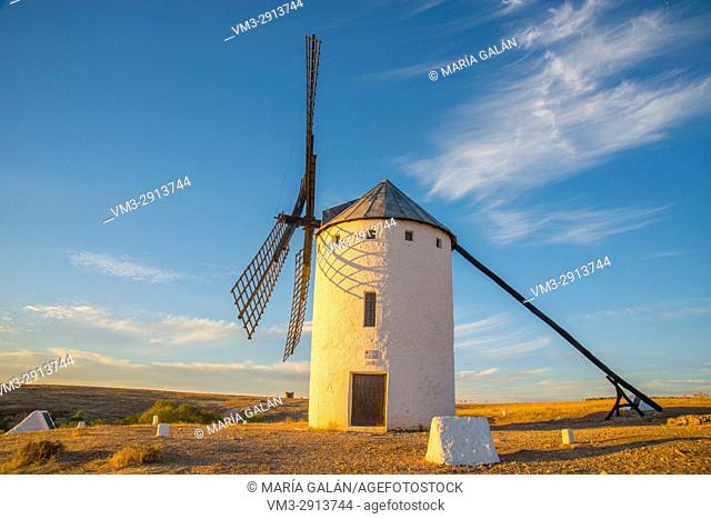 Windmill at dusk. Campo de Criptana, Ciudad Real province, Castilla La Mancha, Spain