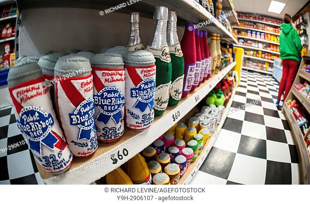 The hipsters favorite beer, Pabst Blue Ribbon, in felt, in UK artist Lucy Sparrow's bodega installation, ''8 'till Late''