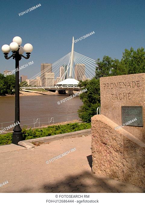 Winnipeg, Canada, MB, Manitoba, Provencher Bridge & Esplanade Riel Pedestrian Bridge, Red River, skyline
