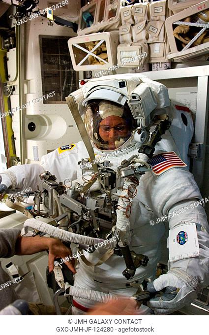 NASA astronaut Doug Wheelock, Expedition 24 flight engineer, attired in his Extravehicular Mobility Unit (EMU) spacesuit