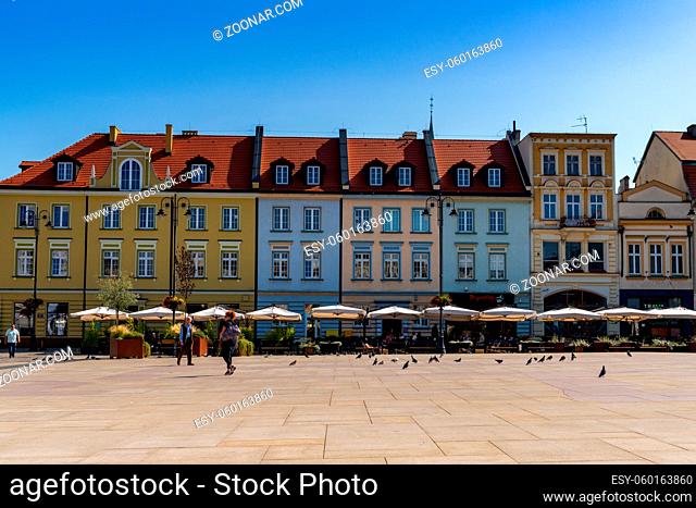 Bygdoszcz, Poland - 7 September, 2021: colorful houses line the edge of the Stary Rynek city square in downtown Bygdoszcz