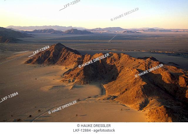 Balloon flight over rocky desert, Sesriem, Namib Naukluft National Park, Namibia, Africa