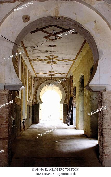 corridor and half columns arc old Andalusian Moorish palace, Cordoba, Andalucia, Spain, Europe