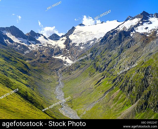 Valley Rotmoostal seen from Mt. Hohe Mut, Oetztal Alps in the nature park Oetztal near village Obergurgl. Europe, Austria, Tyrol