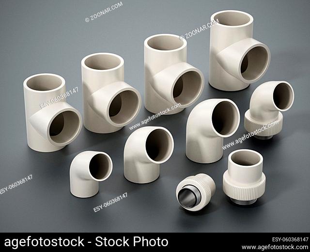 Group of various sized PVC connection parts isolated on white background. 3D illustration